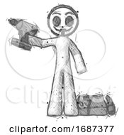 Poster, Art Print Of Sketch Little Anarchist Hacker Man Holding Drill Ready To Work Toolchest And Tools To Right