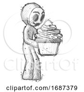 Poster, Art Print Of Sketch Little Anarchist Hacker Man Holding Large Cupcake Ready To Eat Or Serve