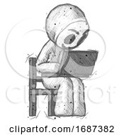 Poster, Art Print Of Sketch Little Anarchist Hacker Man Using Laptop Computer While Sitting In Chair Angled Right