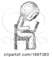 Sketch Little Anarchist Hacker Man Using Laptop Computer While Sitting In Chair View From Side