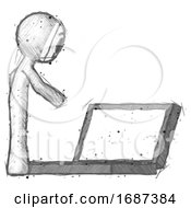Poster, Art Print Of Sketch Little Anarchist Hacker Man Using Large Laptop Computer Side Orthographic View