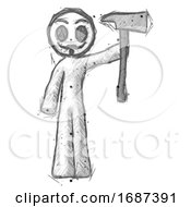 Poster, Art Print Of Sketch Little Anarchist Hacker Man Holding Up Firefighters Ax