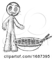 Poster, Art Print Of Sketch Little Anarchist Hacker Man And Noodle Bowl Giant Soup Restaraunt Concept