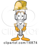 Spark Plug Mascot Cartoon Character Wearing A Yellow Hardhat Helmet