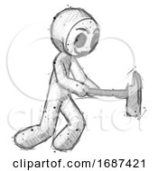 Poster, Art Print Of Sketch Little Anarchist Hacker Man With Ax Hitting Striking Or Chopping