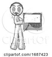 Poster, Art Print Of Sketch Little Anarchist Hacker Man Holding Laptop Computer Presenting Something On Screen