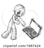 Poster, Art Print Of Sketch Little Anarchist Hacker Man Throwing Laptop Computer In Frustration