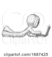 Poster, Art Print Of Sketch Little Anarchist Hacker Man Using Laptop Computer While Lying On Floor Side View