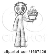 Poster, Art Print Of Sketch Little Anarchist Hacker Man Presenting Pink Cupcake To Viewer