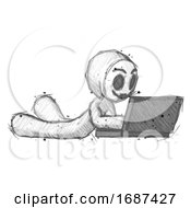 Sketch Little Anarchist Hacker Man Using Laptop Computer While Lying On Floor Side Angled View
