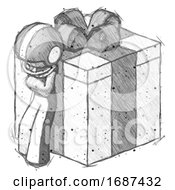 Sketch Football Player Man Leaning On Gift With Bow Angle View