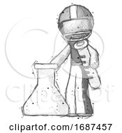 Sketch Football Player Man Holding Test Tube Beside Beaker Or Flask