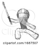 Poster, Art Print Of Sketch Football Player Man With Ninja Sword Katana In Defense Pose