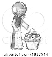 Poster, Art Print Of Sketch Football Player Man With Giant Cupcake Dessert