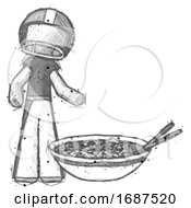 Poster, Art Print Of Sketch Football Player Man And Noodle Bowl Giant Soup Restaraunt Concept