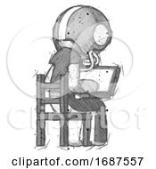 Sketch Football Player Man Using Laptop Computer While Sitting In Chair View From Back