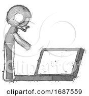 Poster, Art Print Of Sketch Football Player Man Using Large Laptop Computer Side Orthographic View