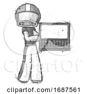 Sketch Football Player Man Holding Laptop Computer Presenting Something On Screen