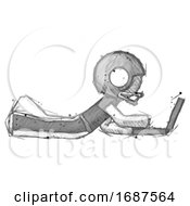 Poster, Art Print Of Sketch Football Player Man Using Laptop Computer While Lying On Floor Side View
