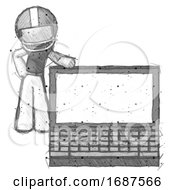 Poster, Art Print Of Sketch Football Player Man Beside Large Laptop Computer Leaning Against It
