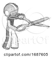 Poster, Art Print Of Sketch Football Player Man Holding Giant Scissors Cutting Out Something