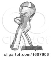 Poster, Art Print Of Sketch Football Player Man Cleaning Services Janitor Sweeping Floor With Push Broom