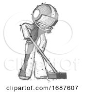 Poster, Art Print Of Sketch Football Player Man Cleaning Services Janitor Sweeping Side View