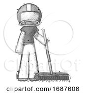 Sketch Football Player Man Standing With Industrial Broom
