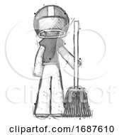 Sketch Football Player Man Standing With Broom Cleaning Services