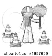Poster, Art Print Of Sketch Football Player Man Holding Stop Sign By Traffic Cones Under Construction Concept