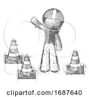 Sketch Football Player Man Standing By Traffic Cones Waving