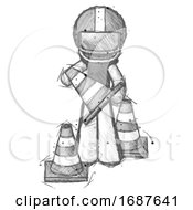Poster, Art Print Of Sketch Football Player Man Holding A Traffic Cone