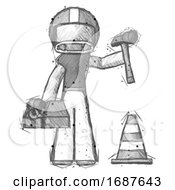 Poster, Art Print Of Sketch Football Player Man Under Construction Concept Traffic Cone And Tools