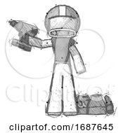 Poster, Art Print Of Sketch Football Player Man Holding Drill Ready To Work Toolchest And Tools To Right