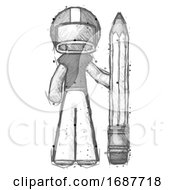 Poster, Art Print Of Sketch Football Player Man With Large Pencil Standing Ready To Write