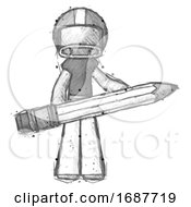 Sketch Football Player Man Writer Or Blogger Holding Large Pencil