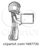 Poster, Art Print Of Sketch Football Player Man Show Tablet Device Computer To Viewer Blank Area