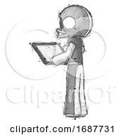 Sketch Football Player Man Looking At Tablet Device Computer With Back To Viewer