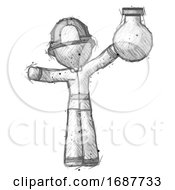 Poster, Art Print Of Sketch Firefighter Fireman Man Holding Large Round Flask Or Beaker