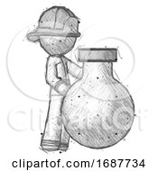 Poster, Art Print Of Sketch Firefighter Fireman Man Standing Beside Large Round Flask Or Beaker