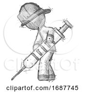 Poster, Art Print Of Sketch Firefighter Fireman Man Using Syringe Giving Injection