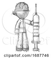 Poster, Art Print Of Sketch Firefighter Fireman Man Holding Large Syringe