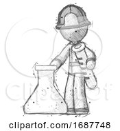 Poster, Art Print Of Sketch Firefighter Fireman Man Holding Test Tube Beside Beaker Or Flask