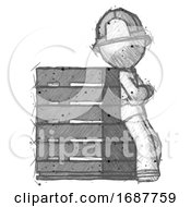 Poster, Art Print Of Sketch Firefighter Fireman Man Resting Against Server Rack Viewed At Angle