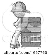 Poster, Art Print Of Sketch Firefighter Fireman Man Resting Against Server Rack