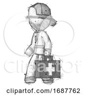 Poster, Art Print Of Sketch Firefighter Fireman Man Walking With Medical Aid Briefcase To Left