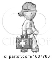 Poster, Art Print Of Sketch Firefighter Fireman Man Walking With Medical Aid Briefcase To Right