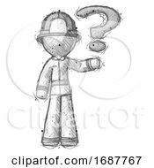 Poster, Art Print Of Sketch Firefighter Fireman Man Holding Question Mark To Right