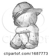 Poster, Art Print Of Sketch Firefighter Fireman Man Sitting With Head Down Back View Facing Left