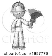 Poster, Art Print Of Sketch Firefighter Fireman Man Holding Feather Duster Facing Forward